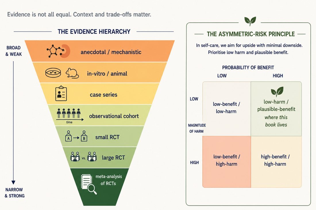 Two diagrams: the evidence hierarchy as a funnel from anecdotal and mechanistic data down to meta-analyses of randomised trials, and the asymmetric-risk matrix plotting probability of benefit against magnitude of harm.