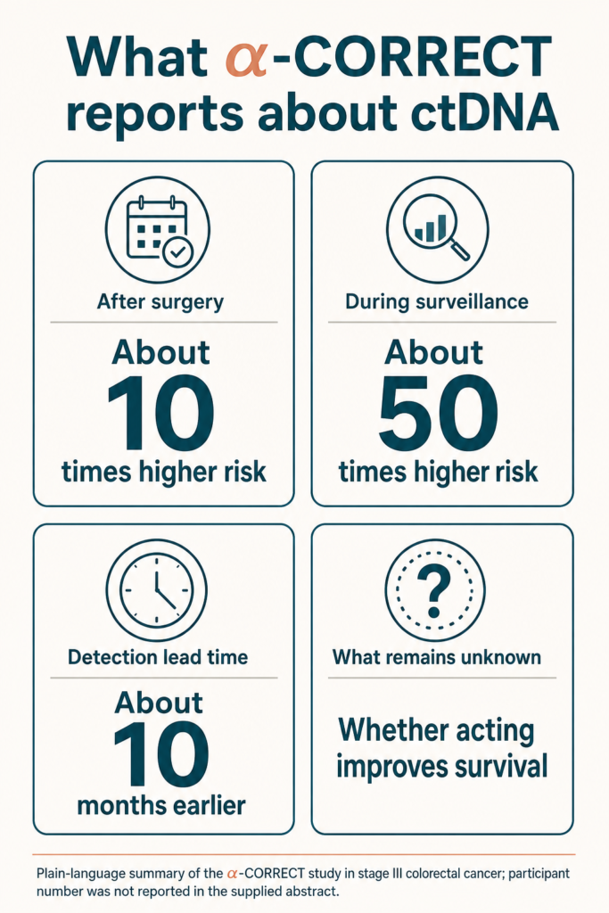 Infographic summarising the study. What α-CORRECT reports about ctDNA. After surgery: About 10 times higher risk. During surveillance: About 50 times higher risk. Detection lead time: About 10 months earlier. What remains unknown: Whether acting improves survival. Plain-language summary of the α-CORRECT study in stage III colorectal cancer; participant number was not reported in the supplied abstract.