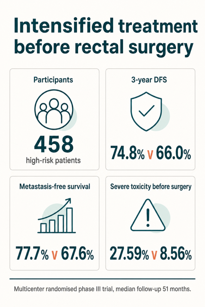 Infographic summarising the study. Intensified treatment before rectal surgery. Participants: 458 high-risk patients. 3-year DFS: 74.8% v 66.0%. Metastasis-free survival: 77.7% v 67.6%. Severe toxicity before surgery: 27.59% v 8.56%. Multicenter randomised phase III trial, median follow-up 51 months.