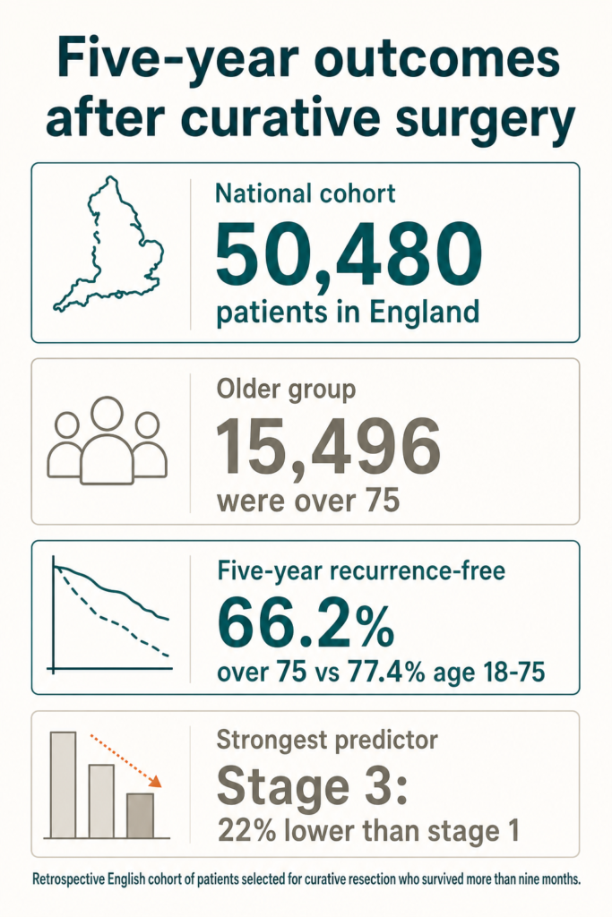 Infographic summarising the study. Five-year outcomes after curative surgery. National cohort: 50,480 patients in England. Older group: 15,496 were over 75. Five-year recurrence-free: 66.2% over 75 vs 77.4% age 18-75. Strongest predictor: Stage 3: 22% lower than stage 1. Retrospective English cohort of patients selected for curative resection who survived more than nine months.