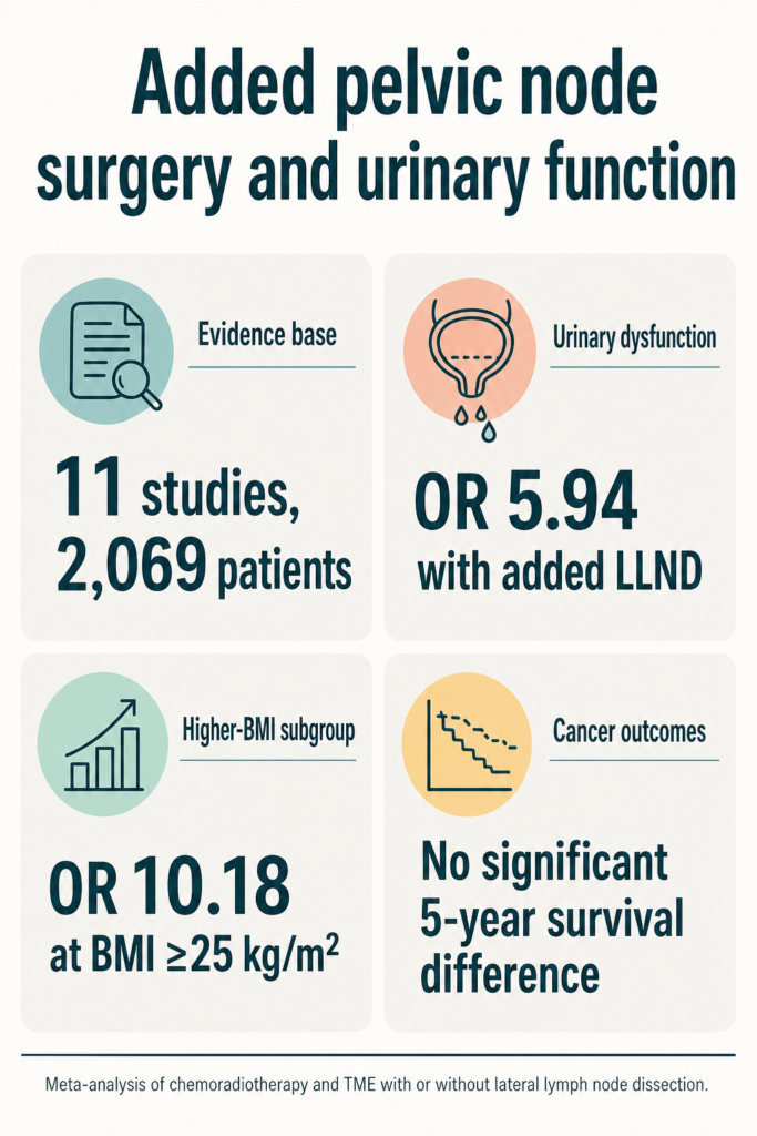 Infographic summarising the study. Added pelvic node surgery and urinary function. Evidence base: 11 studies, 2,069 patients. Urinary dysfunction: OR 5.94 with added LLND. Higher-BMI subgroup: OR 10.18 at BMI ≥25 kg/m2. Cancer outcomes: No significant 5-year survival difference. Meta-analysis of chemoradiotherapy and TME with or without lateral lymph node dissection.