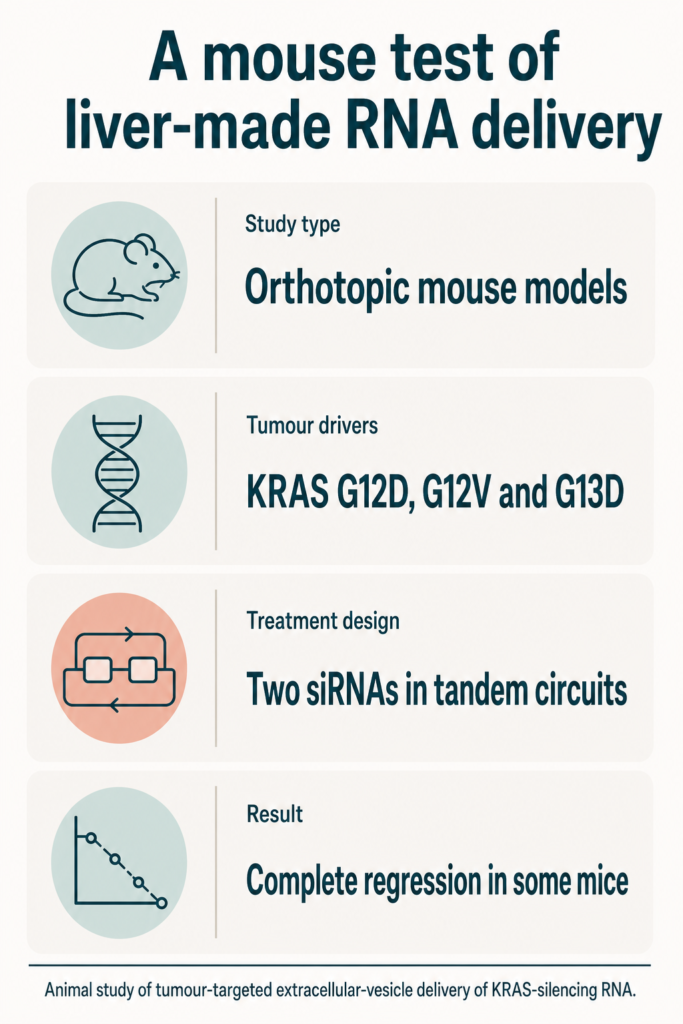 Infographic summarising the study. A mouse test of liver-made RNA delivery. Study type: Orthotopic mouse models. Tumour drivers: KRAS G12D, G12V and G13D. Treatment design: Two siRNAs in tandem circuits. Result: Complete regression in some mice. Animal study of tumour-targeted extracellular-vesicle delivery of KRAS-silencing RNA.