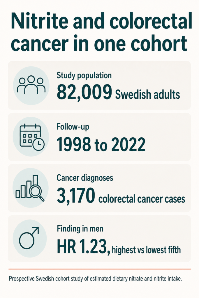Infographic summarising the study. Nitrite and colorectal cancer in one cohort. Study population: 82,009 Swedish adults. Follow-up: 1998 to 2022. Cancer diagnoses: 3,170 colorectal cancer cases. Finding in men: HR 1.23, highest vs lowest fifth. Prospective Swedish cohort study of estimated dietary nitrate and nitrite intake.