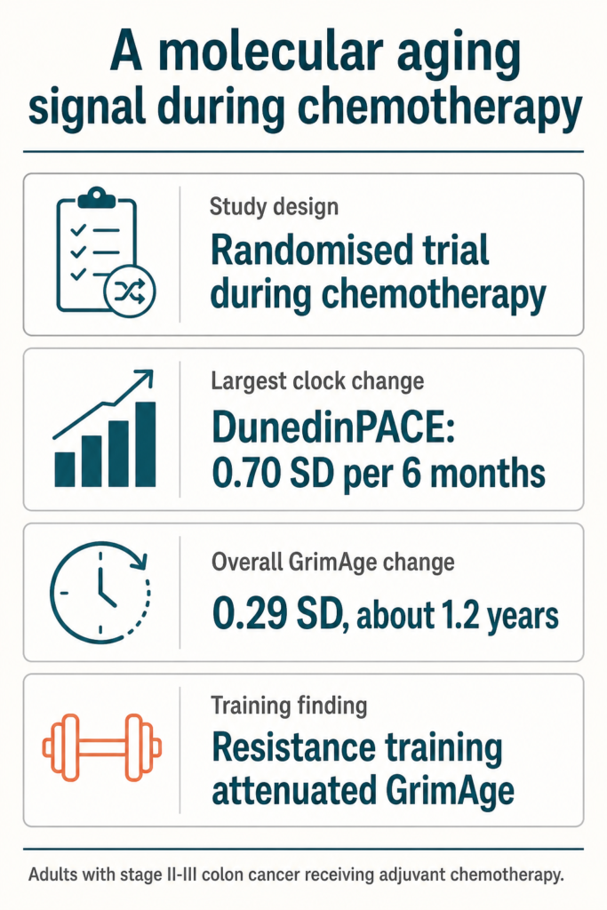 Infographic summarising the study. A molecular aging signal during chemotherapy. Study design: Randomised trial during chemotherapy. Largest clock change: DunedinPACE: 0.70 SD per 6 months. Overall GrimAge change: 0.29 SD, about 1.2 years. Training finding: Resistance training attenuated GrimAge. Adults with stage II-III colon cancer receiving adjuvant chemotherapy.