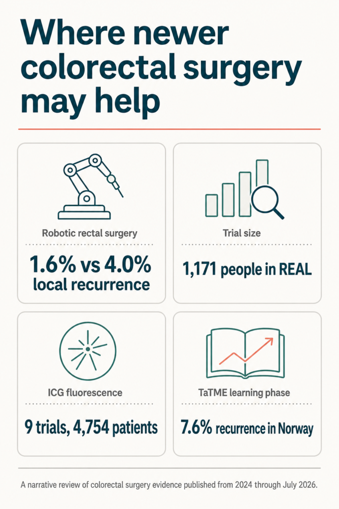 Infographic summarising the study. Where newer colorectal surgery may help. Robotic rectal surgery: 1.6% vs 4.0% local recurrence. Trial size: 1,171 people in REAL. ICG fluorescence: 9 trials, 4,754 patients. TaTME learning phase: 7.6% recurrence in Norway. A narrative review of colorectal surgery evidence published from 2024 through July 2026.