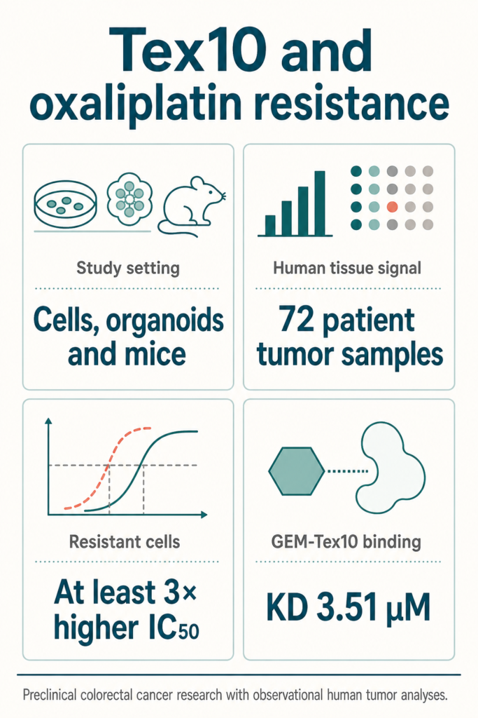 Infographic summarising the study. Tex10 and oxaliplatin resistance. Study setting: Cells, organoids and mice. Human tissue signal: 72 patient tumor samples. Resistant cells: At least 3× higher IC50. GEM-Tex10 binding: KD 3.51 µM. Preclinical colorectal cancer research with observational human tumor analyses.