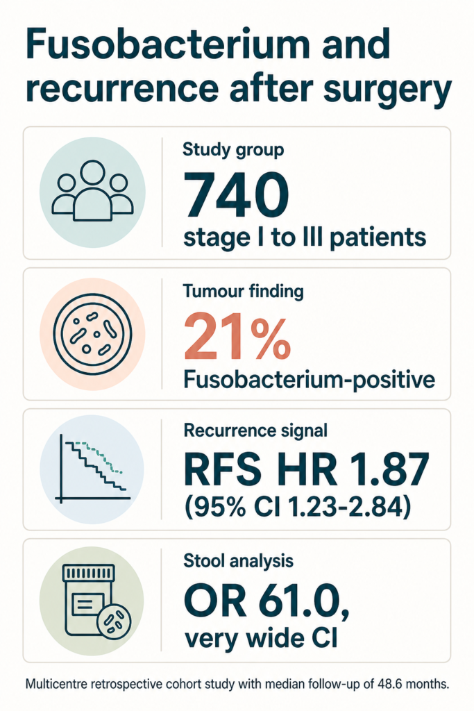 Infographic summarising the study. Fusobacterium and recurrence after surgery. Study group: 740 stage I to III patients. Tumour finding: 21% Fusobacterium-positive. Recurrence signal: RFS HR 1.87 (95% CI 1.23-2.84). Stool analysis: OR 61.0, very wide CI. Multicentre retrospective cohort study with median follow-up of 48.6 months.